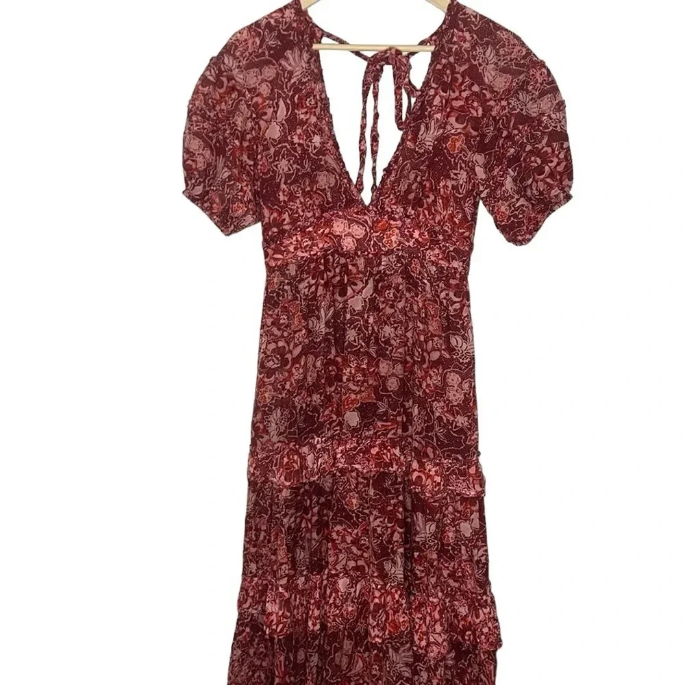 Ulla Johnson Amora Tiered Floral V-neck Tie Back Midi Dress - Picture 3 of 11